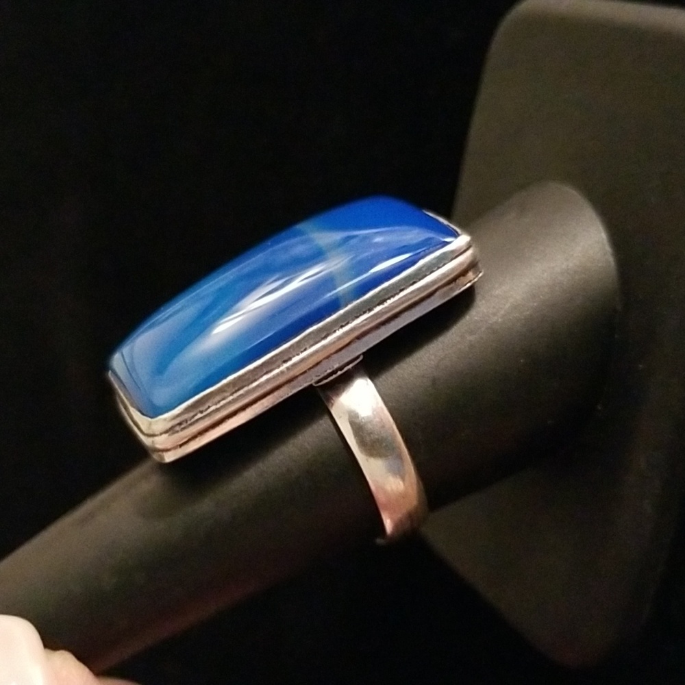 Large Rectangular Dyed Blue Agate Ring In Simple … - image 2